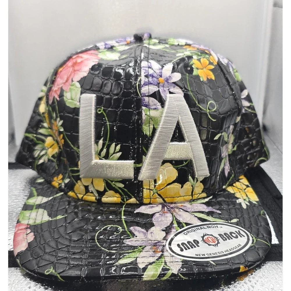 LA Snapback Hat New Genesis Floral Crocodile Faux Leather Cap Black Yellow...